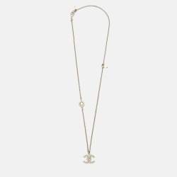 Pre Owned Chanel CC Crystal Faux Pearl Silver Tone Pendant Necklace