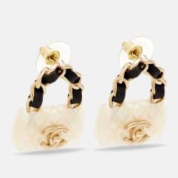 Pre Owned Chanel CC Resin Bag Motif Leather Gold Tone Stud Earrings