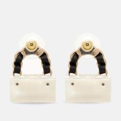 Pre Owned Chanel CC Resin Bag Motif Leather Gold Tone Stud Earrings