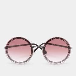 Pre Owned Chanel Gold Tone/Pink Gradient 4245 Pearl Chain Round Sunglasses