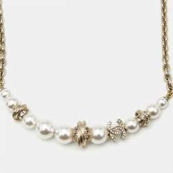 Pre Owned Chanel CC Faux Pearl Crystals Gold Tone Necklace