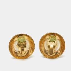 Pre Owned Chanel Faux Pearl Gold Tone Round Clip-on Earrings