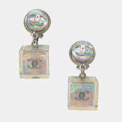 Pre Owned Chanel Dangle Cube Earrings Clip-On Clear