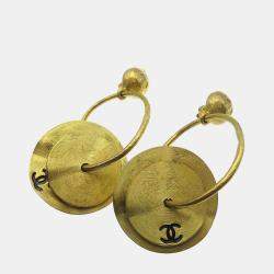 Pre Owned Chanel Dangle Hoop Earrings Clip-On Gold