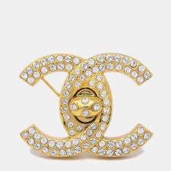 Pre Owned Chanel CC Turnlock Rhinestone Charm Brooch Pin Gold