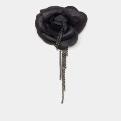 Pre Owned Chanel Black Leather Camellia Drop Chain Pin Brooch