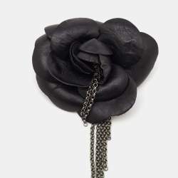 Pre Owned Chanel Black Leather Camellia Drop Chain Pin Brooch