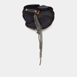 Pre Owned Chanel Black Leather Camellia Drop Chain Pin Brooch