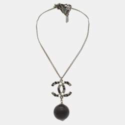 Pre Owned Chanel CC Faux Pearl Beads Gunmetal Tone Necklace