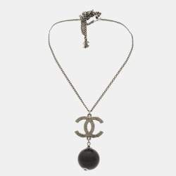Pre Owned Chanel CC Faux Pearl Beads Gunmetal Tone Necklace