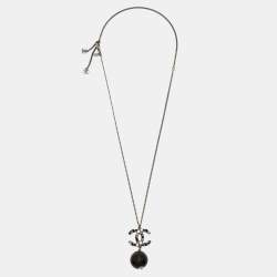 Pre Owned Chanel CC Faux Pearl Beads Gunmetal Tone Necklace