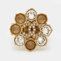 Pre Owned Chanel CC Crystals Gold Tone Ring Size 52