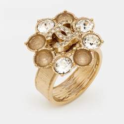 Pre Owned Chanel CC Crystals Gold Tone Ring Size 52