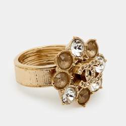 Pre Owned Chanel CC Crystals Gold Tone Ring Size 52