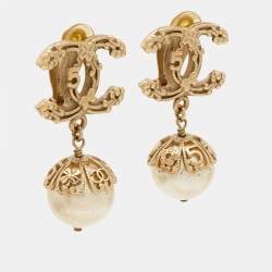Pre Owned Chanel CC Faux Pearl Gold Tone Earrings