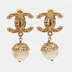 Pre Owned Chanel CC Faux Pearl Gold Tone Earrings
