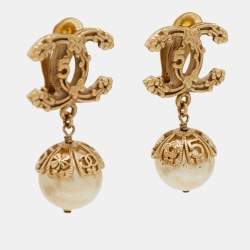 Pre Owned Chanel CC Faux Pearl Gold Tone Earrings