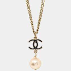 Pre Owned Chanel Chain Pendant Necklace Artificial Pearl Gold