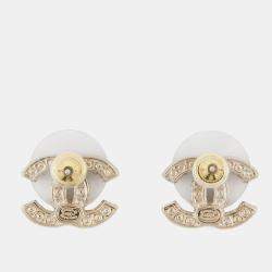 Pre Owned Chanel Cc Logo Earrings Champagne Gold Metal Faux Pearl Rhinestone