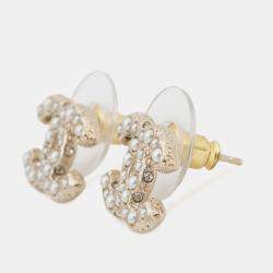 Pre Owned Chanel Cc Logo Earrings Champagne Gold Metal Faux Pearl Rhinestone