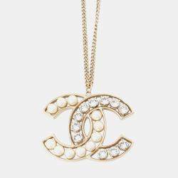 Pre Owned Chanel Cc Logo Necklace Metal Faux Pearl Rhinestone
