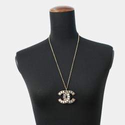 Pre Owned Chanel Cc Logo Necklace Metal Faux Pearl Rhinestone