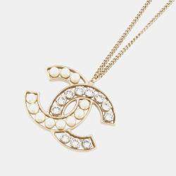 Pre Owned Chanel Cc Logo Necklace Metal Faux Pearl Rhinestone