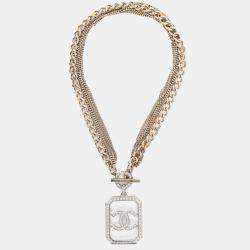 Pre Owned Chanel 2018 Gold Toned Multi-strand Chain Crystal Embellished CC Pendant Necklace