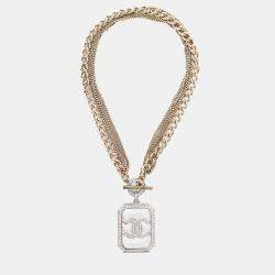 Pre Owned Chanel 2018 Gold Toned Multi-strand Chain Crystal Embellished CC Pendant Necklace