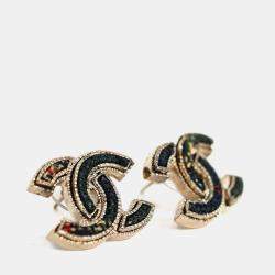 مملوكة مسبقًا Chanel 2013 Gold Toned Metal/Green Tweed CC Stud Earrings