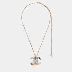 Pre Owned Chanel 2019 Gold Toned Rainbow Crystal CC Necklace