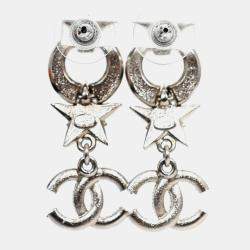 Pre Owned Chanel 2020 Silver Tone Crystal Star CC Earrings