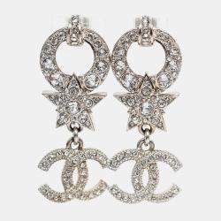 Pre Owned Chanel 2020 Silver Tone Crystal Star CC Earrings