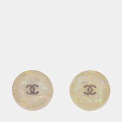 Pre Owned Chanel Button Earrings Clip-On White