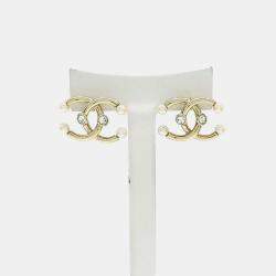 Pre Owned Chanel Logo Embellished Gold Tone Pearl Earrings
