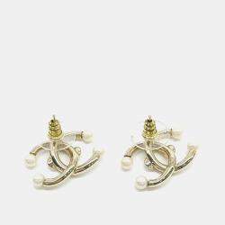 Pre Owned Chanel Logo Embellished Gold Tone Pearl Earrings