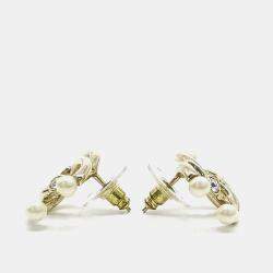 Pre Owned Chanel Logo Embellished Gold Tone Pearl Earrings