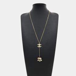 Pre Owned Chanel Gold Plated Pearl Crystal Logo Necklace