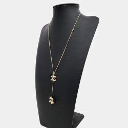 Pre Owned Chanel Gold Plated Pearl Crystal Logo Necklace