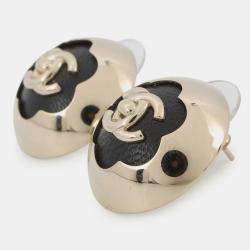 Pre Owned أقراط شانييل قبة شعار CC جلد أسود مطلية بالذهب