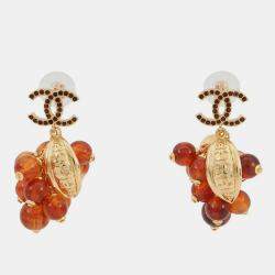 Pre Owned Chanel Medieval Grape Motif Earrings Brown Metal Rhinestone