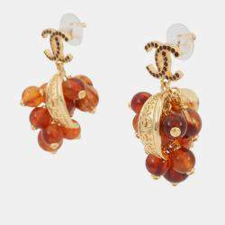 Pre Owned Chanel Medieval Grape Motif Earrings Brown Metal Rhinestone