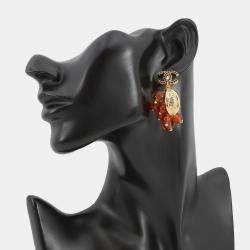 Pre Owned Chanel Medieval Grape Motif Earrings Brown Metal Rhinestone
