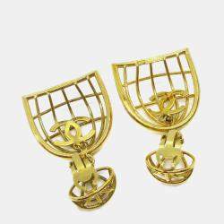 Pre Owned Chanel Birdcage Dangle Earrings Clip-On Gold
