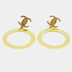 Pre Owned Chanel Hoop Dangle Earrings Clip-On Gold