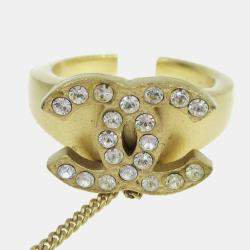 Pre Owned Chanel Rhinestone Bangle Chain Ring #6 Gold