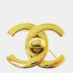 Pre Owned Chanel Turnlock Brooch Pin Gold Large