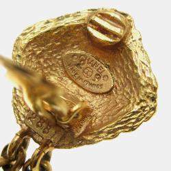 Pre Owned Chanel Dangle Hoop Earrings Clip-On Gold