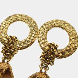 Pre Owned Chanel Dangle Hoop Earrings Clip-On Gold