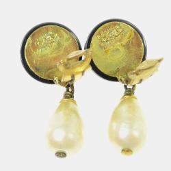 Pre Owned Chanel Artificial Pearl Dangle Earrings Clip-On Black White
